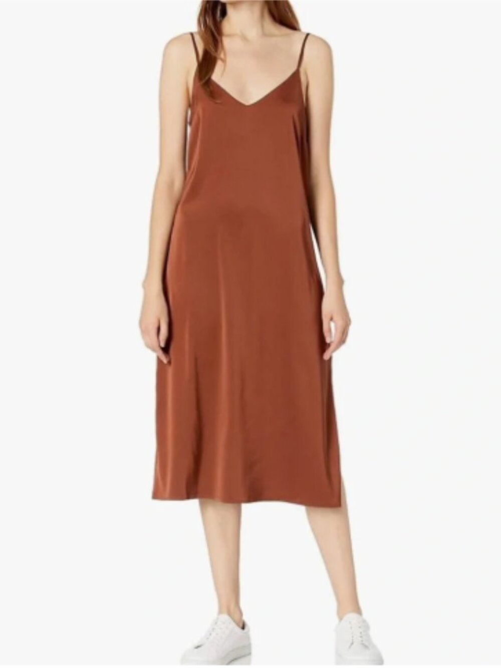 The Drop Ana 2X Dark Toffee Silky Satin V Neck Midi Slip Dress